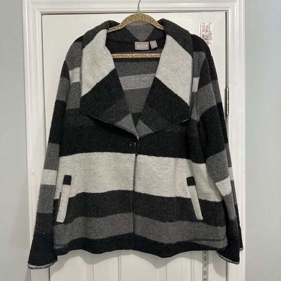 Chico’s Boiled WOOL Striped Fuzzy JACKET Black Gray White XL women - Button Sz 3 - Picture 1 of 10
